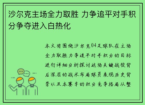 沙尔克主场全力取胜 力争追平对手积分争夺进入白热化