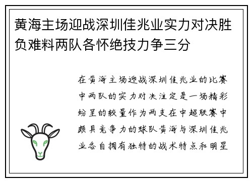 黄海主场迎战深圳佳兆业实力对决胜负难料两队各怀绝技力争三分