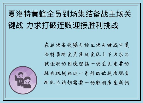 夏洛特黄蜂全员到场集结备战主场关键战 力求打破连败迎接胜利挑战