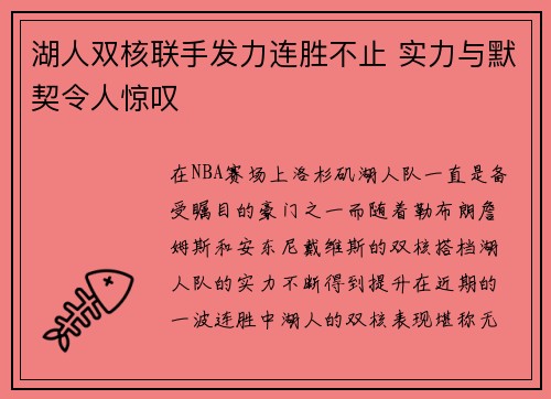 湖人双核联手发力连胜不止 实力与默契令人惊叹