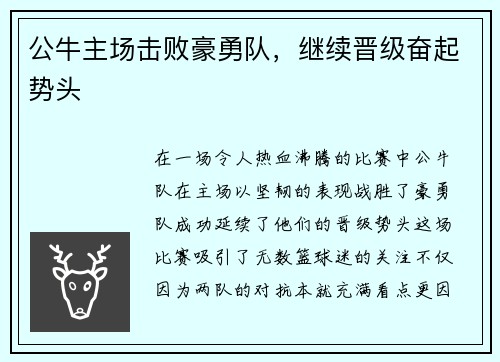 公牛主场击败豪勇队，继续晋级奋起势头