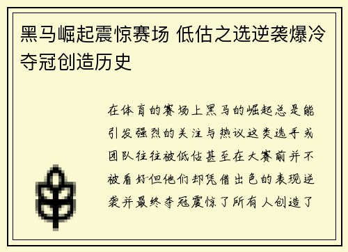 黑马崛起震惊赛场 低估之选逆袭爆冷夺冠创造历史